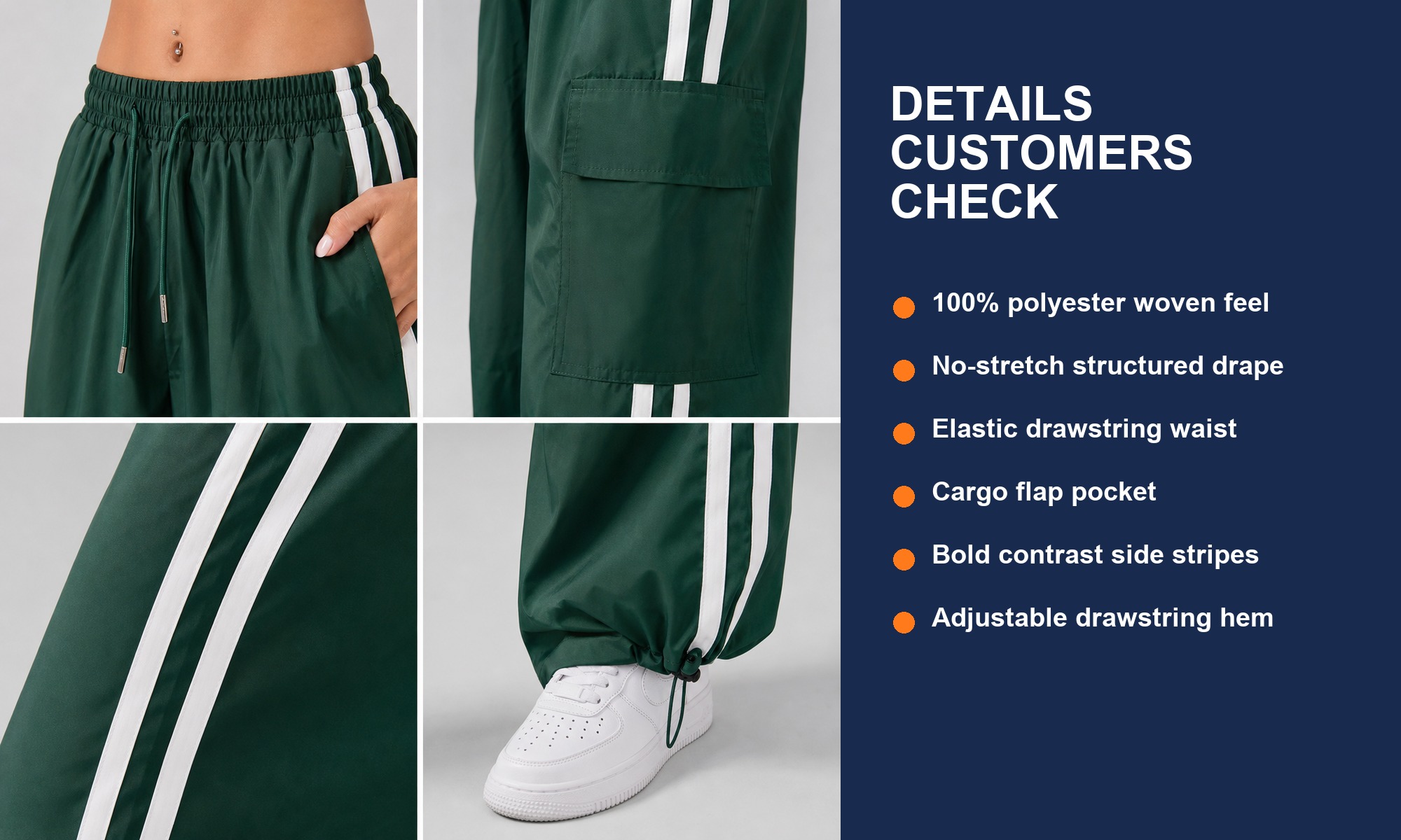 Striped cargo track pants waistband pocket stripe and hem details