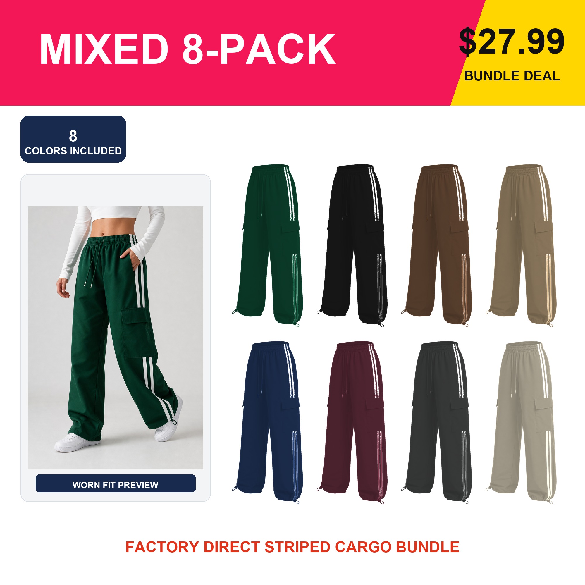 8 pack A striped cargo track pants bundle with model
