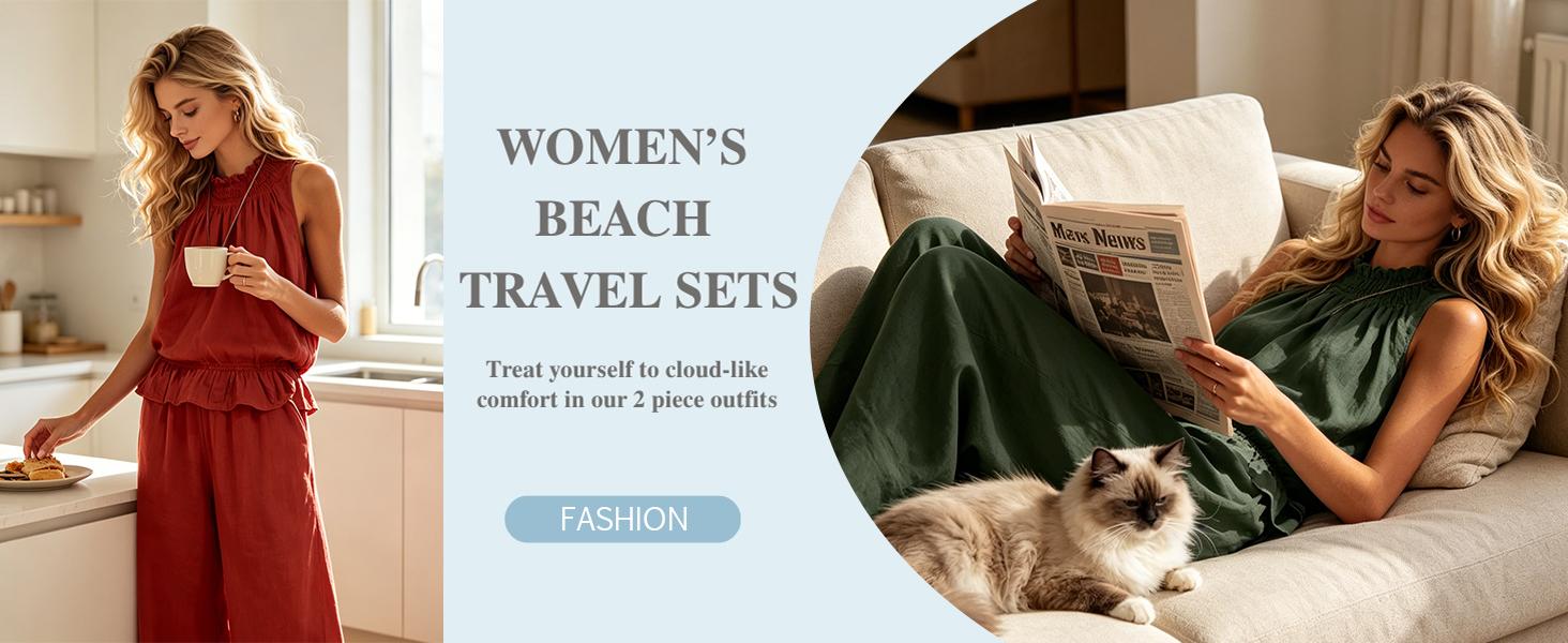 Molitree Women's Linen 2 Piece Outfits Sleeveless Ruffle Top Wide Leg Pants Summer Loungewear Beach Travel Sets