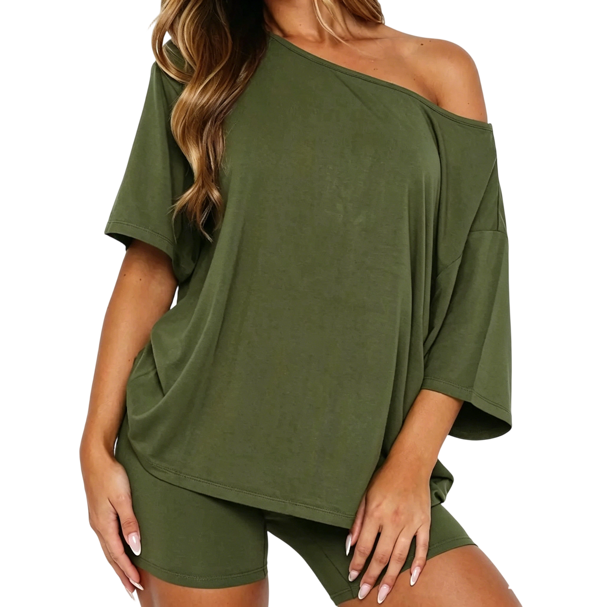 Women’s Casual Two Piece Lounge Set Off Shoulder Top & Fitted Shorts