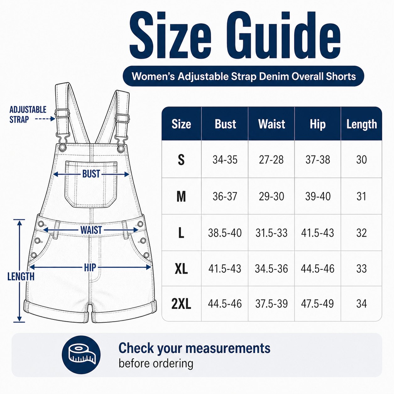 Denim overall shorts size guide S to 5XL