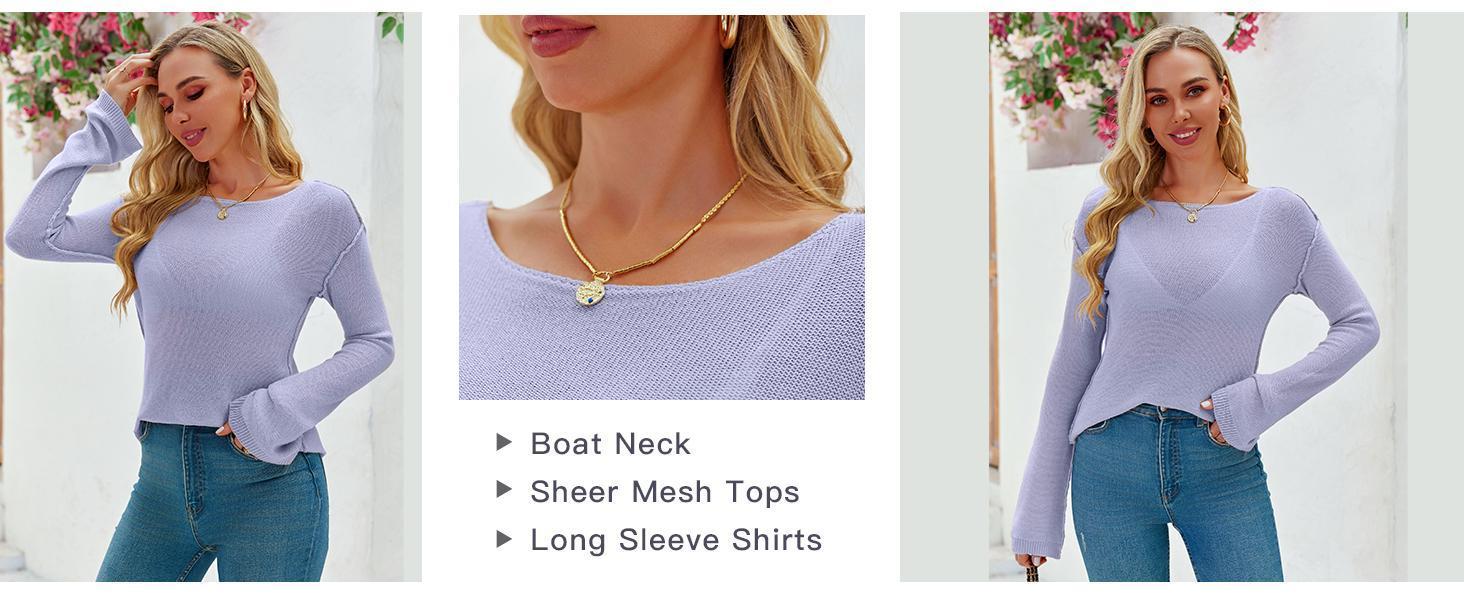 Tankaneo Womens Boat Neck Shirts Long Sleeve Lightweight Knit Pullover Sweaters Casual Sheer Blouse Tops Elegant Womenswear Day Knitwear