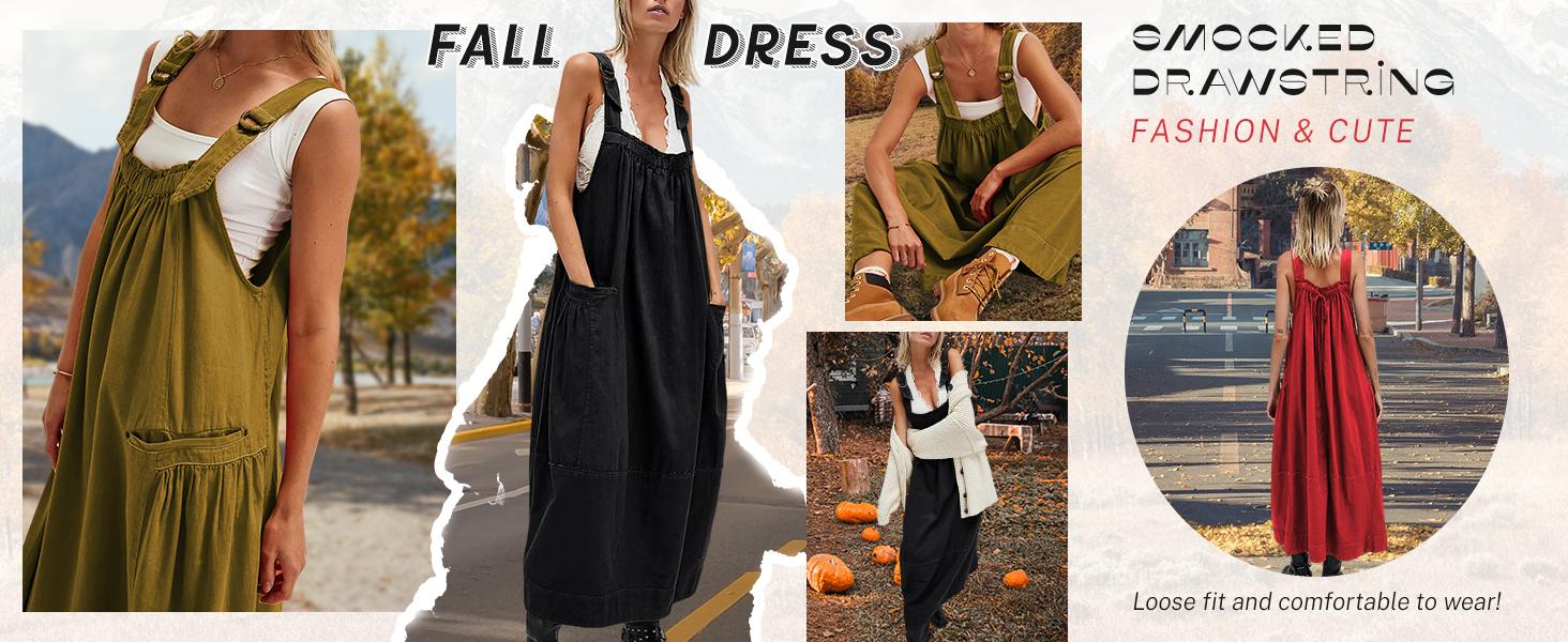 Yeokou Women's Barrel Midi Dress Sleeveless Strappy Maxi Dress with Big Pockets & Adjustable Straps Minimalist Basic Casual Fall Dress