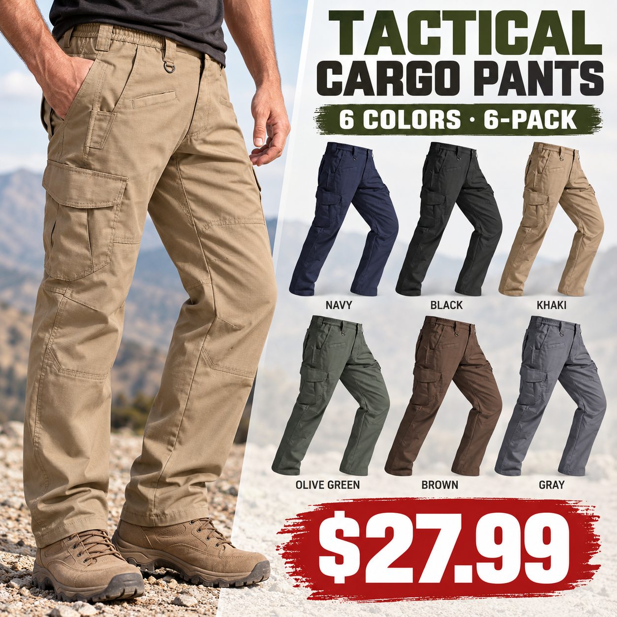 Men’s tactical ripstop cargo pants, featuring 9 pockets; waterproof and breathable—ideal for hiking and construction work.