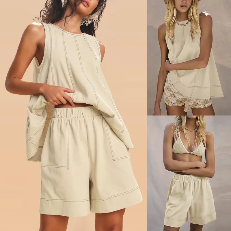 Women's Two Piece Outfit Cotton Matching Set A-Line Sleeveless Tank Tops and High-Waist Shorts with Pockets
