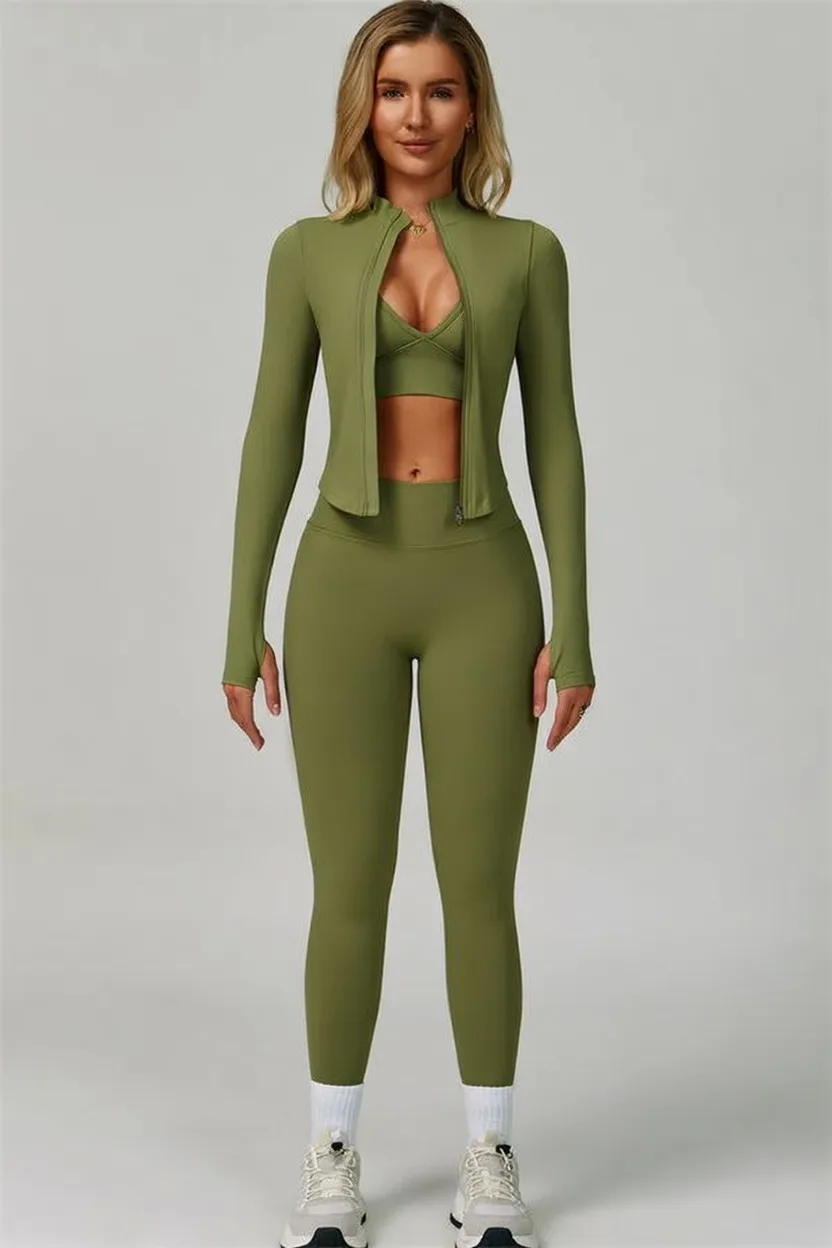 ⏰Limited-Time Sale💥Women's Solid Criss Cross Crop Tank Top & High Waist Leggings & Zip Up Crop Jacket Tracksuit Set