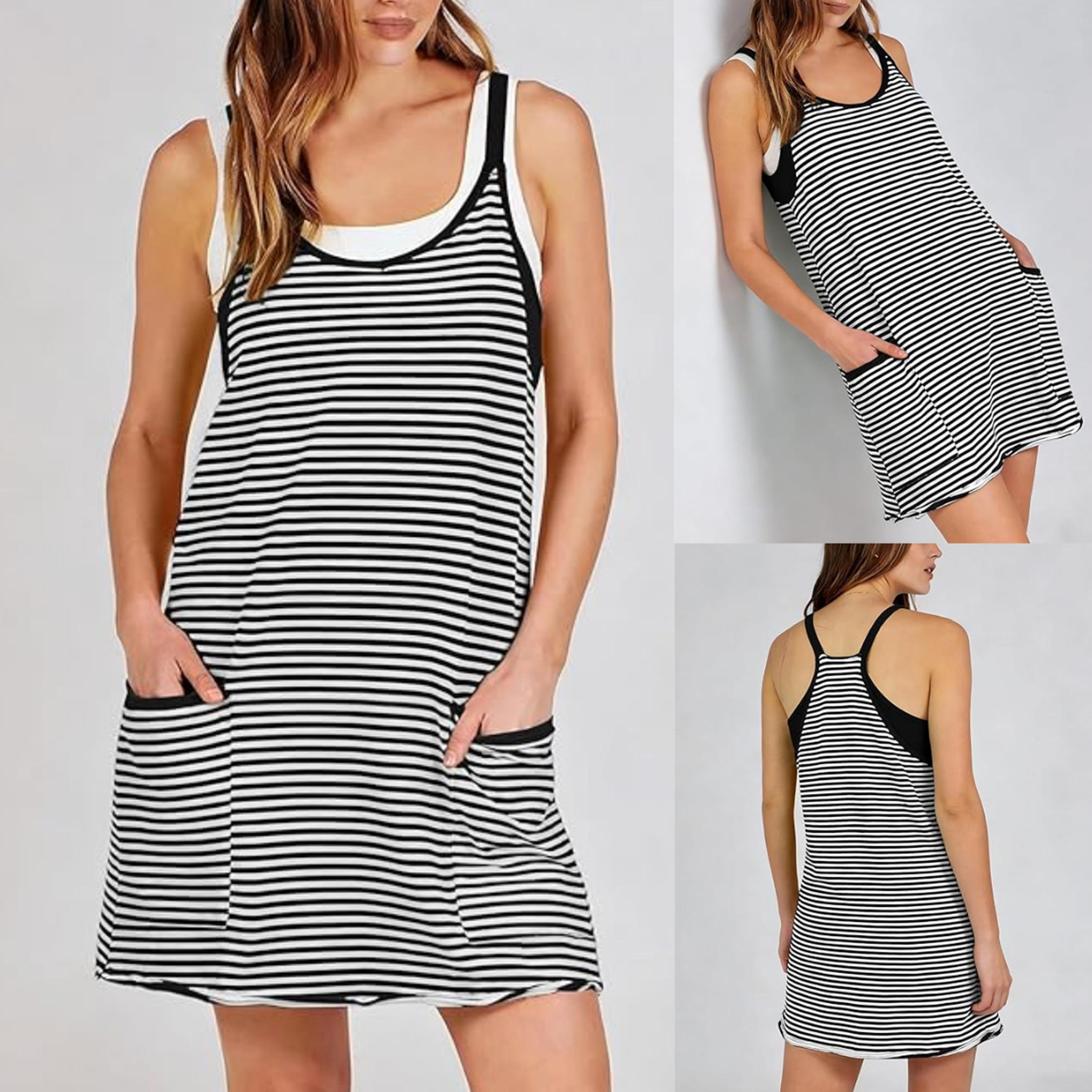 Buenoble Women&rsquo;s Athletic Dress with Built-in Shorts Striped Tennis Dress Workout Mini Dress Casual Summer Activewear