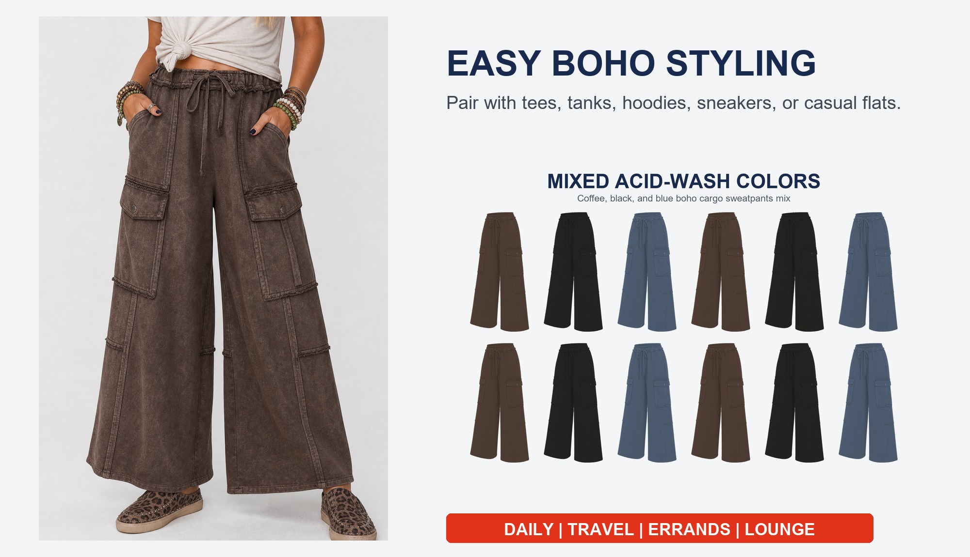 Acid-wash wide-leg cargo sweatpants casual outfit styling scenes