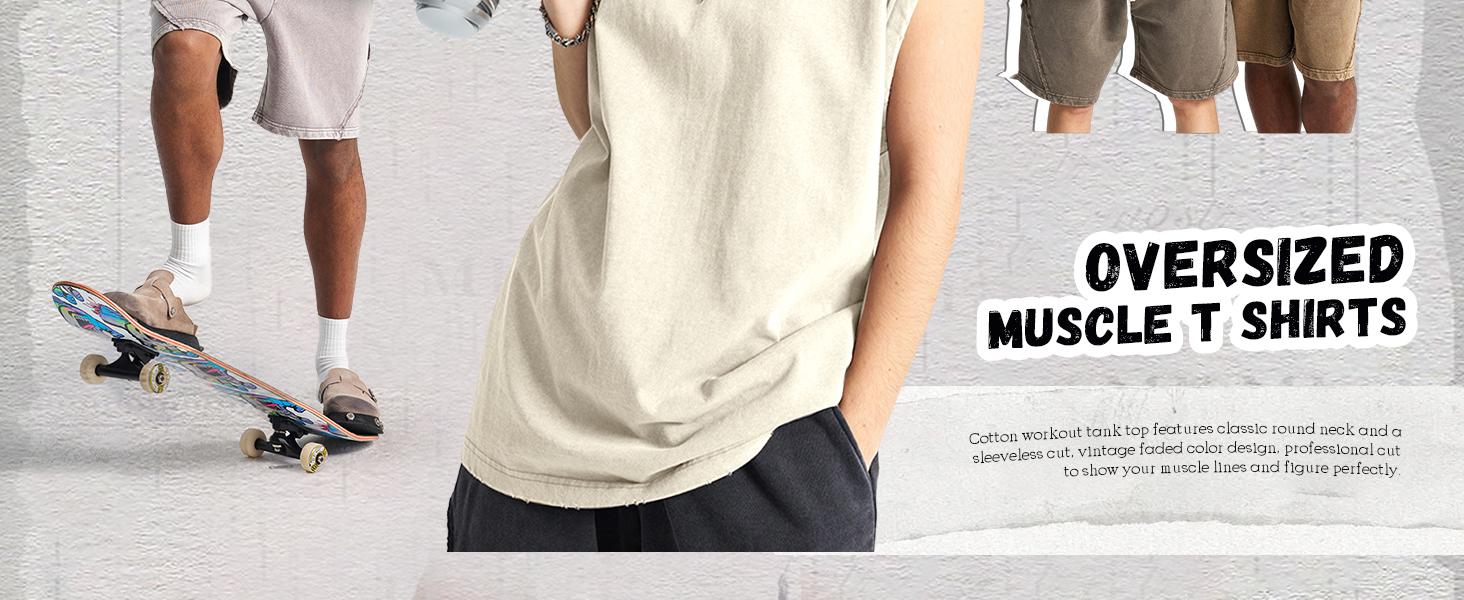 Gihuo Unisex Cotton Workout Tank Tops Sleeveless Acid Wash Tshirts Cut Off Muscle Shirts Loose Fit Running Gym Tees Unisex Vest T-shirt for Men & Women Classic Menswear Soft Baggy Outfits Oversized Stylish Vintage