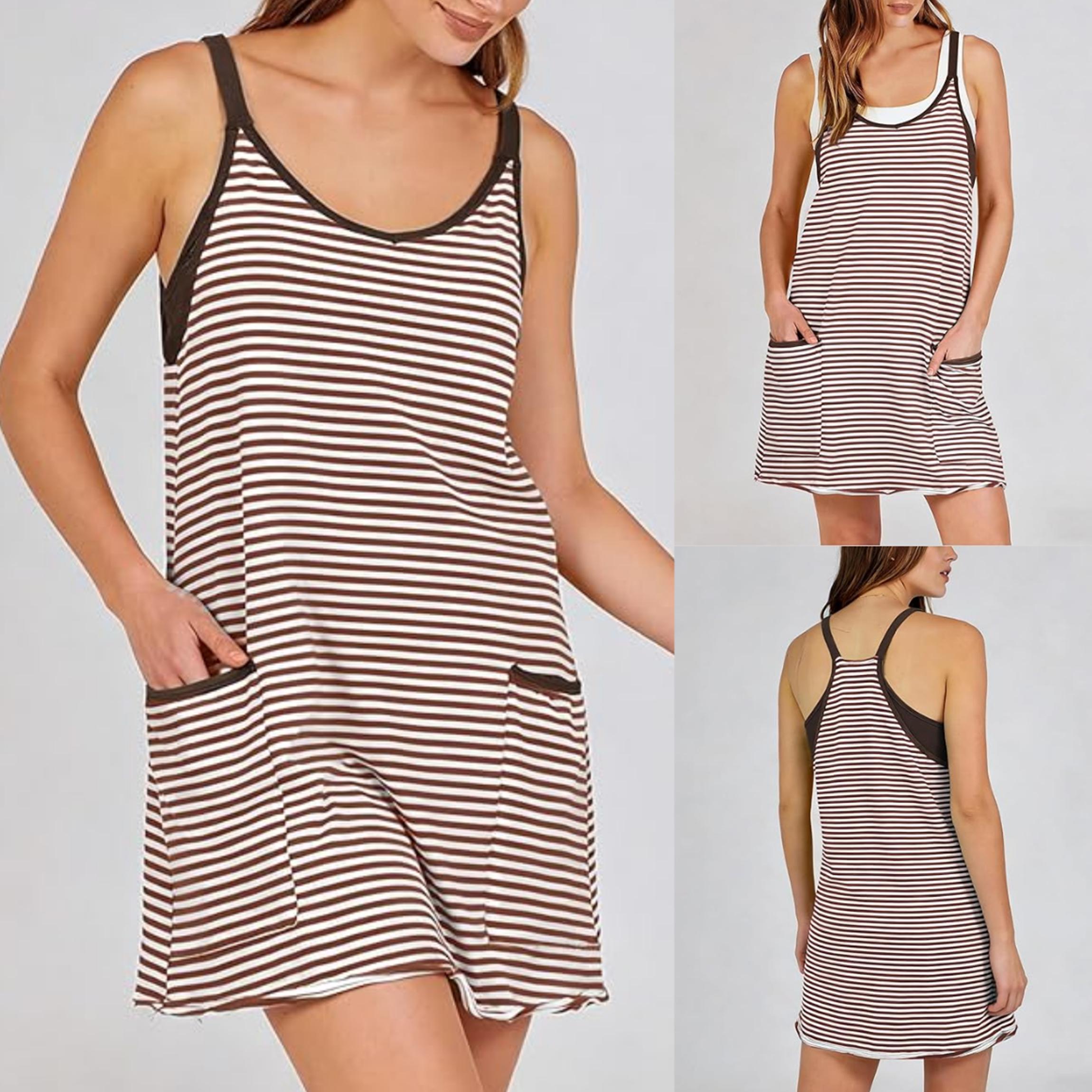 Buenoble Women&rsquo;s Athletic Dress with Built-in Shorts Striped Tennis Dress Workout Mini Dress Casual Summer Activewear