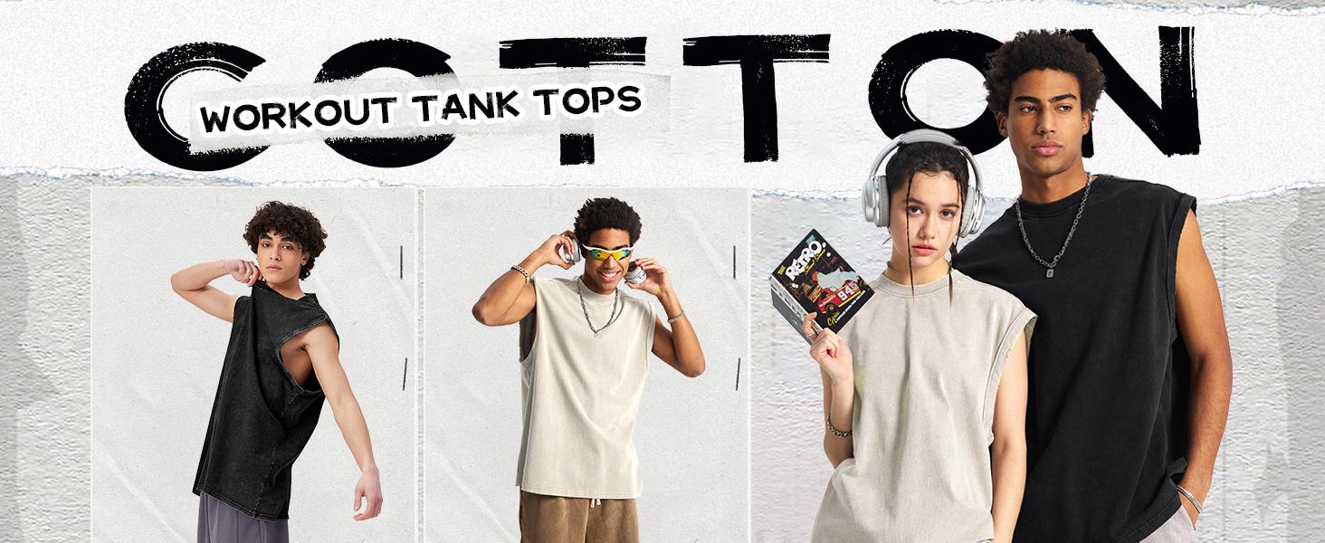 Gihuo Unisex Cotton Workout Tank Tops Sleeveless Acid Wash Tshirts Cut Off Muscle Shirts Loose Fit Running Gym Tees Unisex Vest T-shirt for Men & Women Classic Menswear Soft Baggy Outfits Oversized Stylish Vintage
