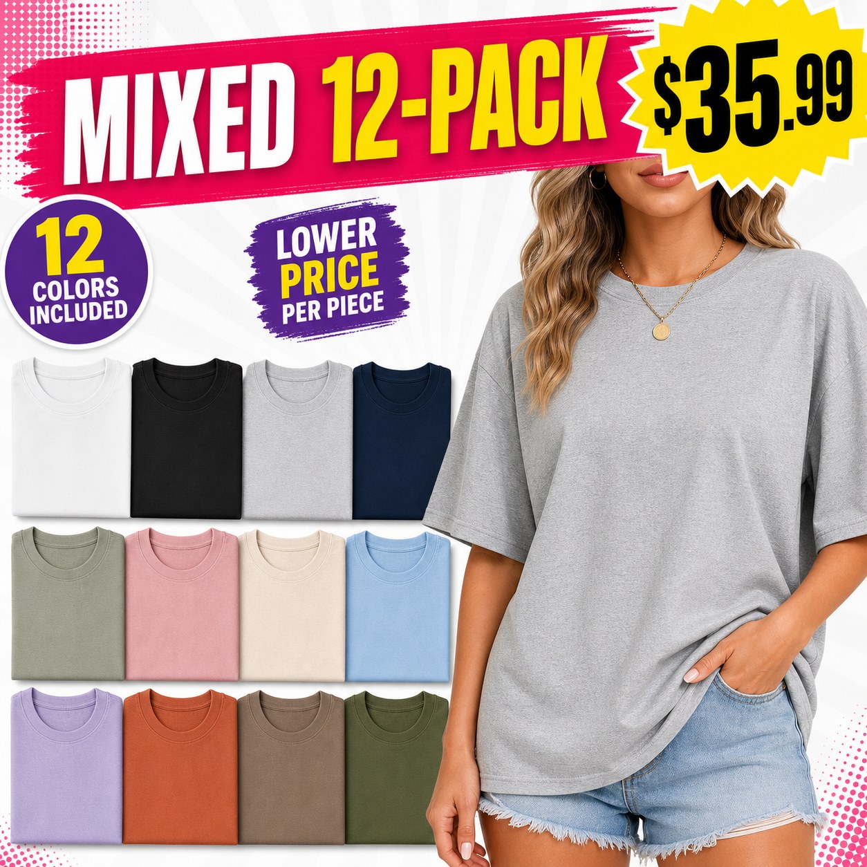 12 pack oversized tee bundle with half-face model