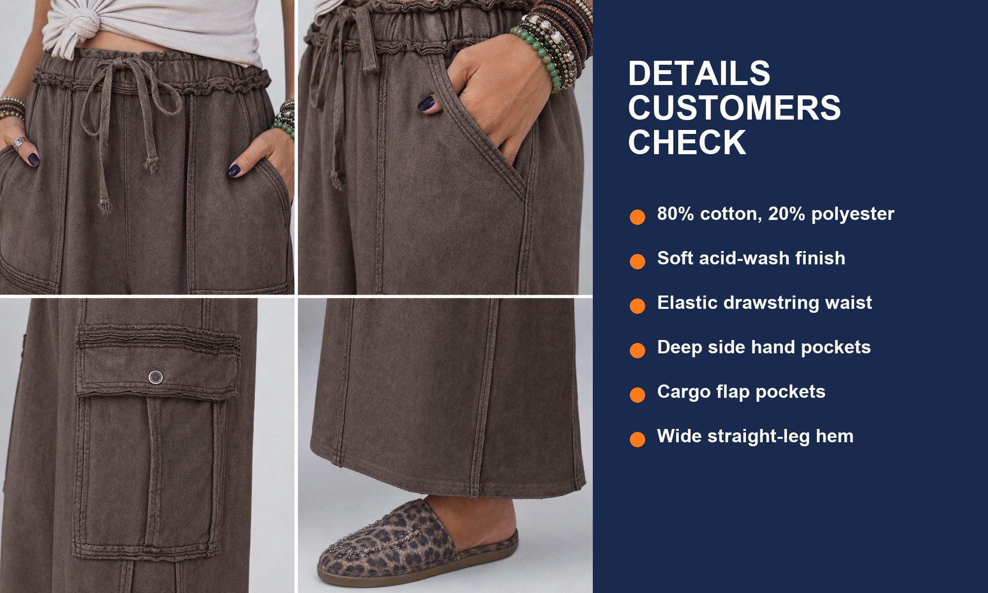 Acid-wash wide-leg cargo sweatpants waistband pocket fabric and hem details
