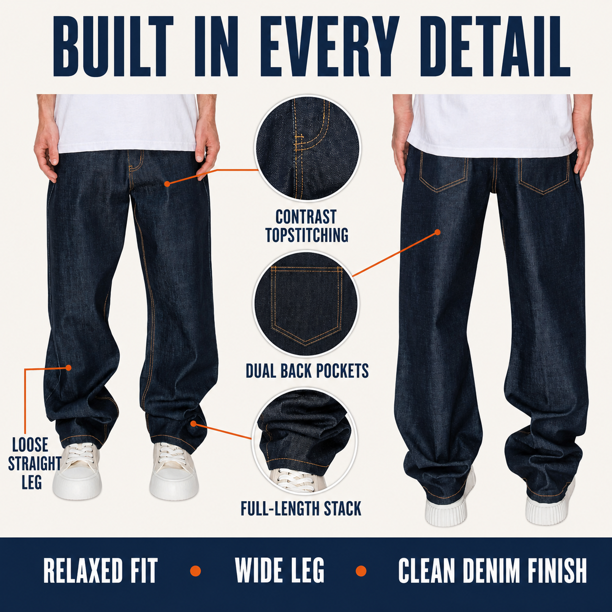 Men's loose-fit raw denim jeans; breathable, stretch-cotton fabric; soft and comfortable; stylish and casual.
