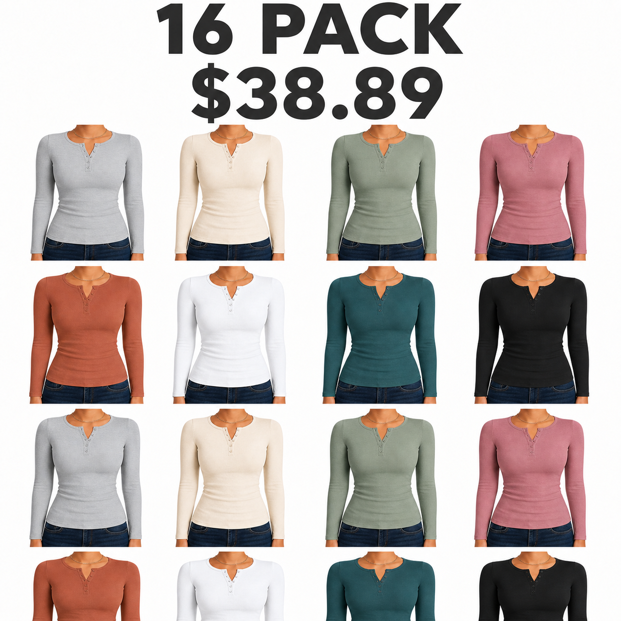 Women's Long-Sleeve Henley – Casual, Slim-Fit Ribbed Basic; Stylish for Autumn