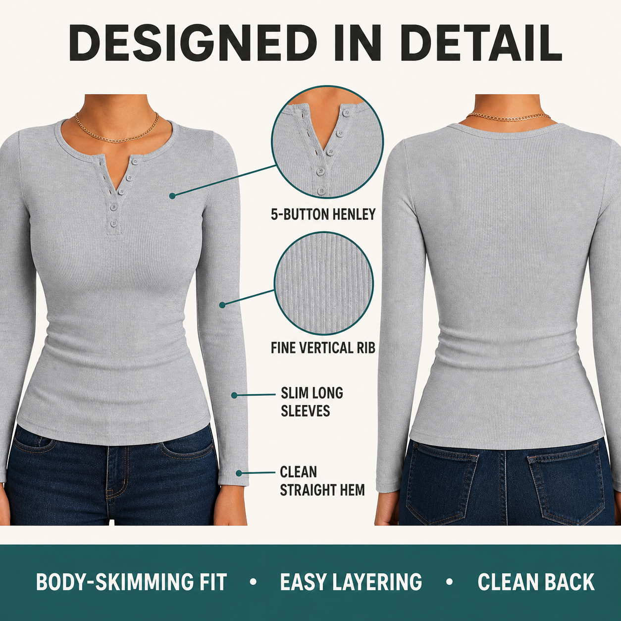 Women's Long-Sleeve Henley – Casual, Slim-Fit Ribbed Basic; Stylish for Autumn