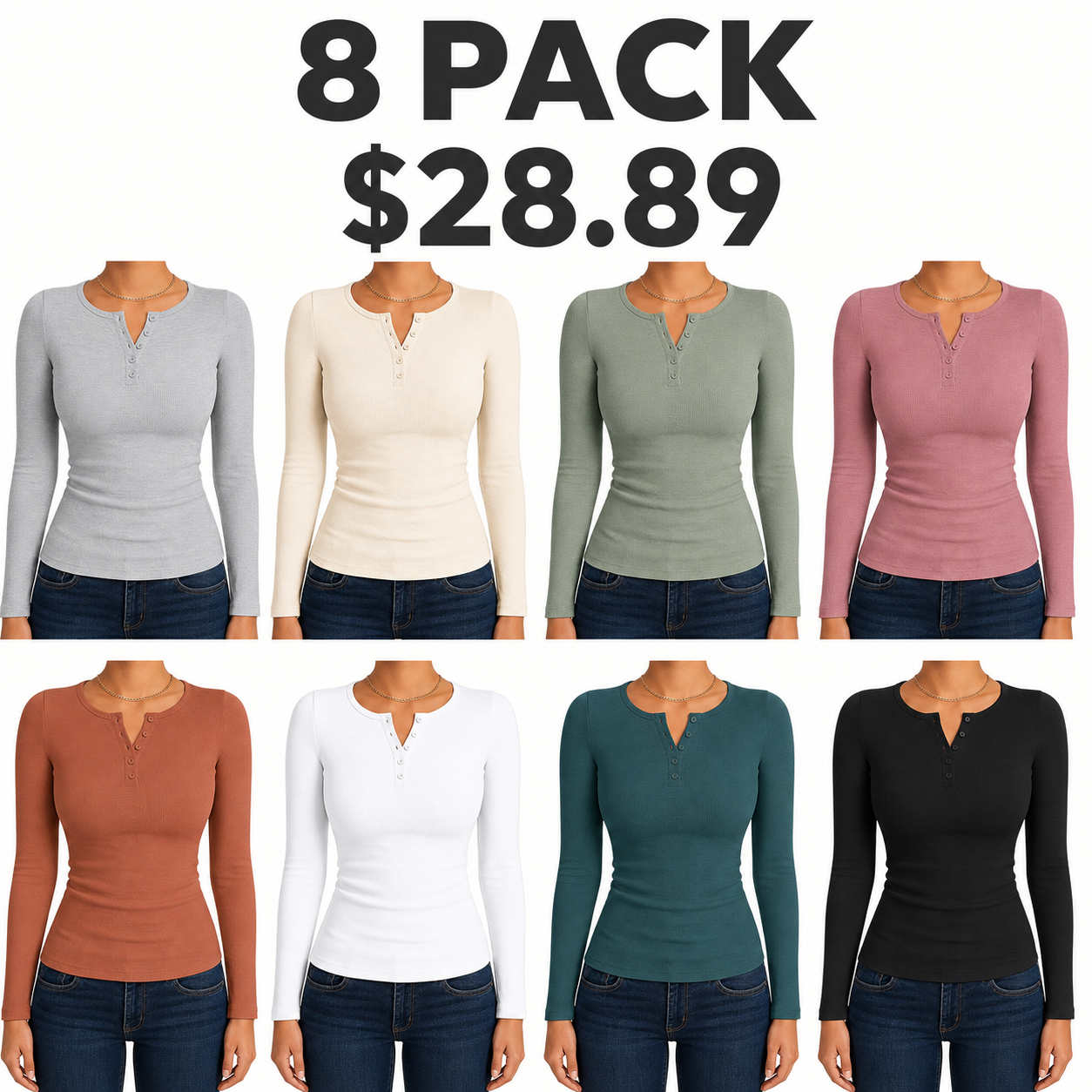 Women's Long-Sleeve Henley – Casual, Slim-Fit Ribbed Basic; Stylish for Autumn