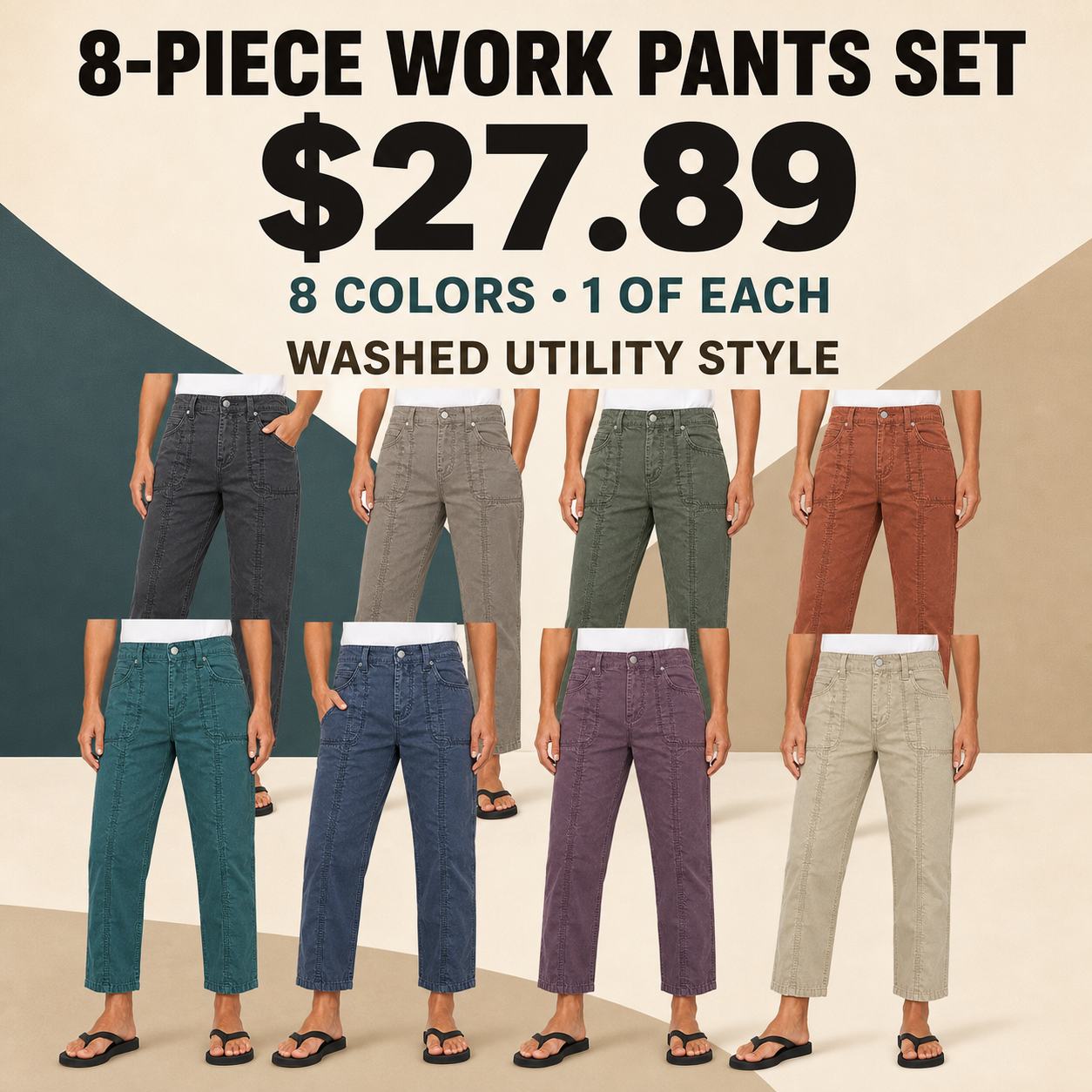 Women's mid-rise straight-leg utility pants, solid-color vintage style.