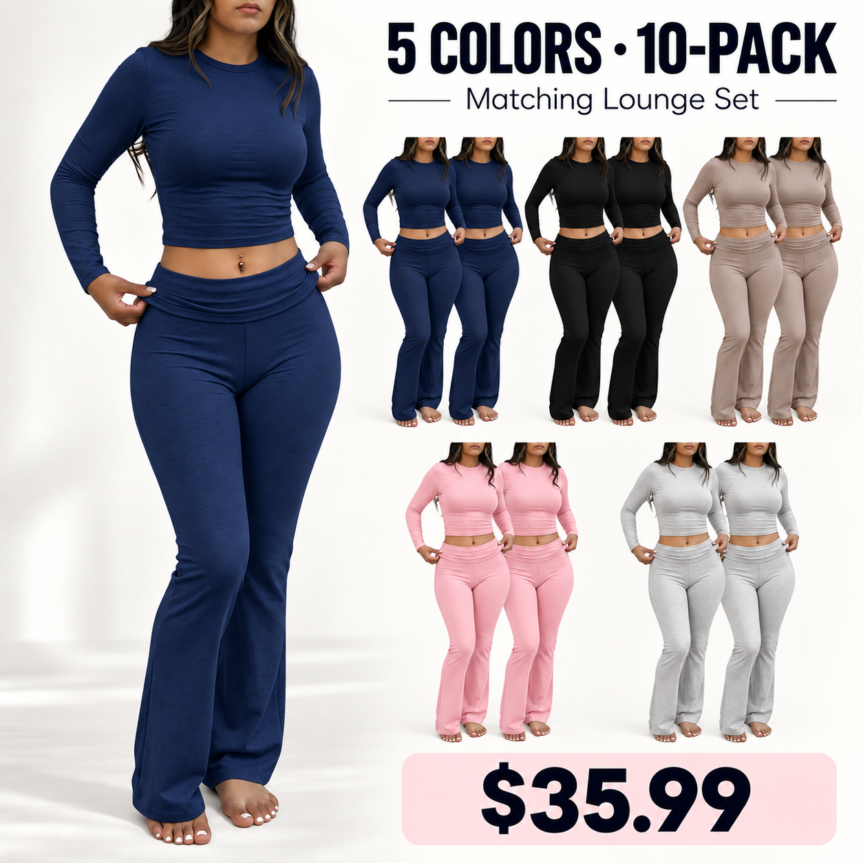 Women's Solid Long Sleeve Crop Tee & Flare Leg Skinny Pants Loungewear Set, Casual Round Neck Top & Bell Bottom Leggings, Sleepwear Set for Women, Sets Pajama