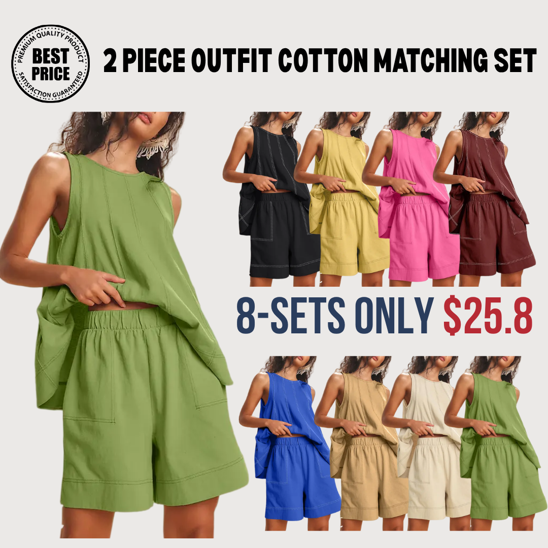 Women's Two Piece Outfit Cotton Matching Set A-Line Sleeveless Tank Tops and High-Waist Shorts with Pockets