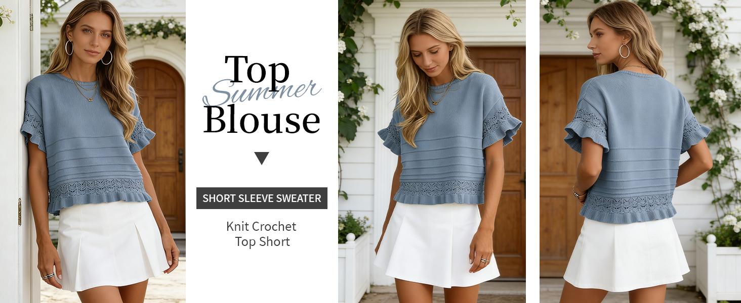 Tanming Womens Short Sleeve Sweater Round Neck Ruffled Hem Knit Crochet Pullover Casual Top Blouse Springfresh Summer Outfit