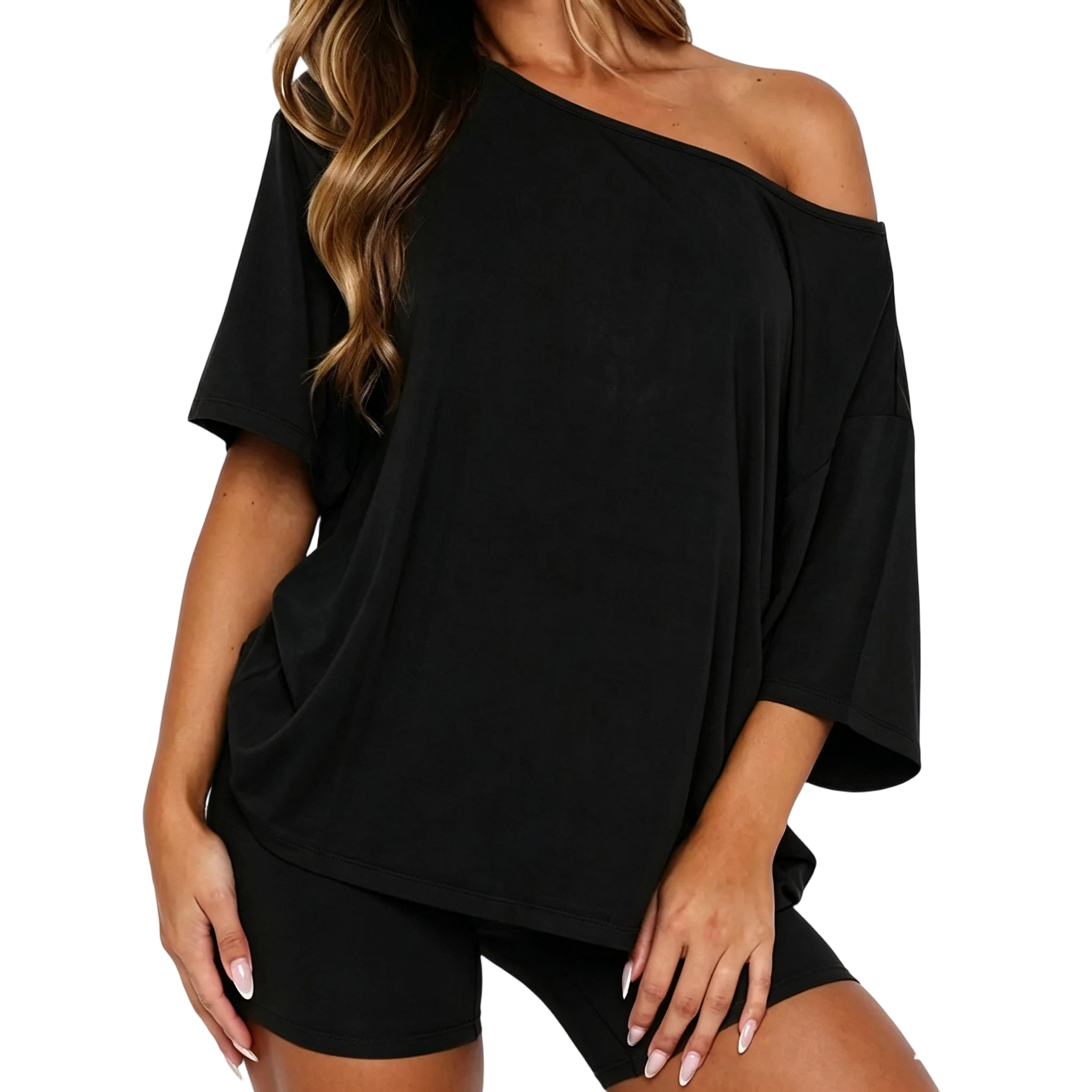 Women’s Casual Two Piece Lounge Set Off Shoulder Top & Fitted Shorts