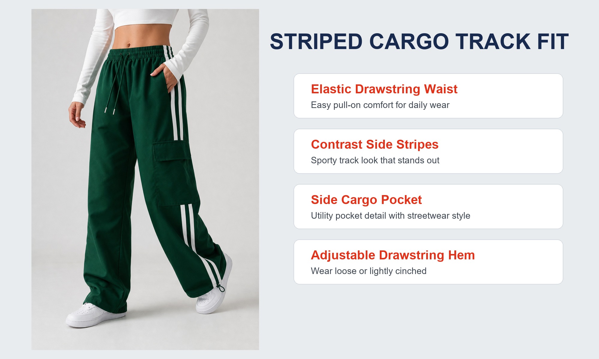 Striped cargo track pants model fit and feature callouts