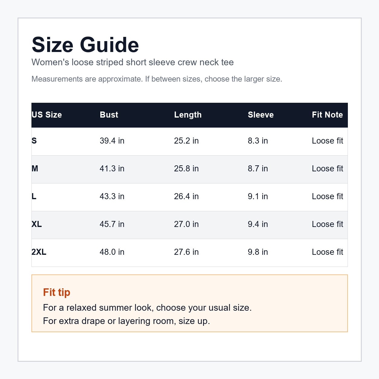 Striped tee size chart