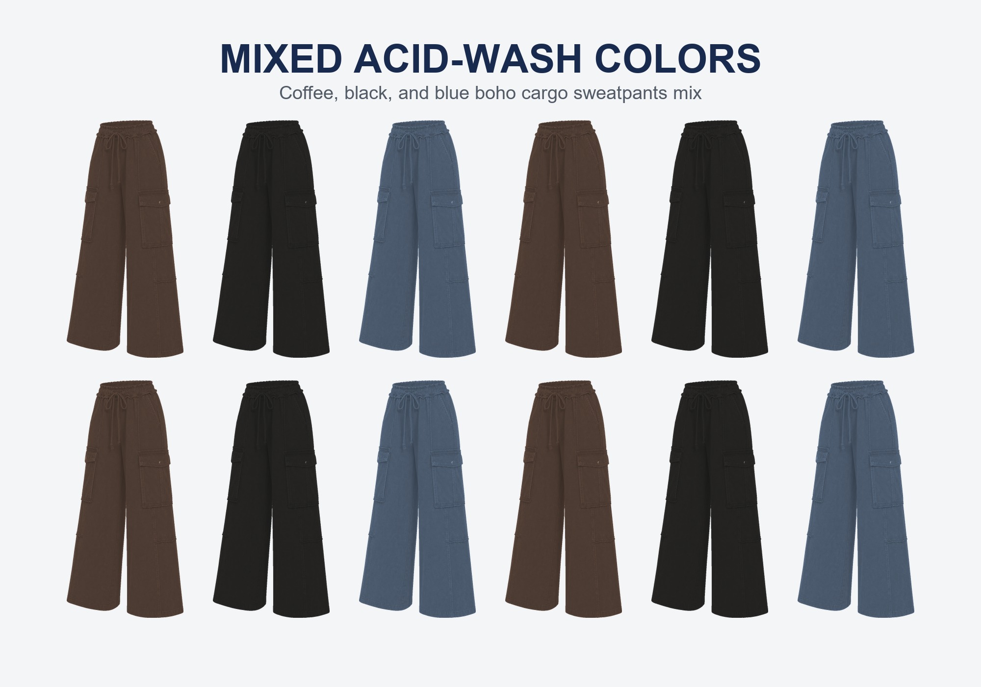 Acid-wash wide-leg cargo sweatpants color mix display
