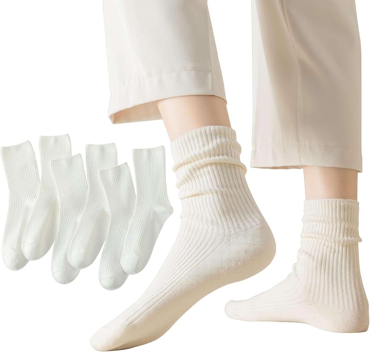 6 pares de calcetines de cuello redondo para mujer, lindos calcetines blancos de algodón casual suave