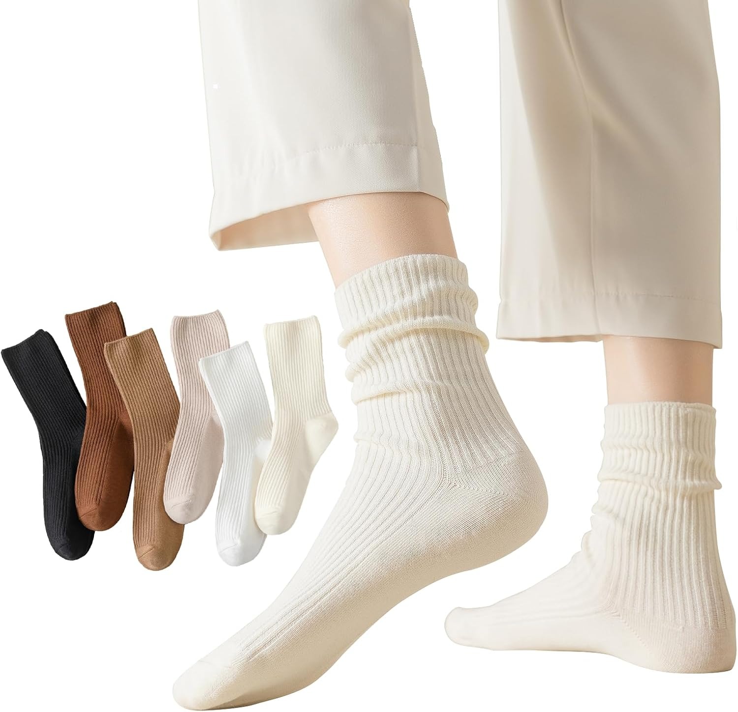 6 pares de calcetines de cuello redondo para mujer, lindos calcetines blancos de algodón casual suave