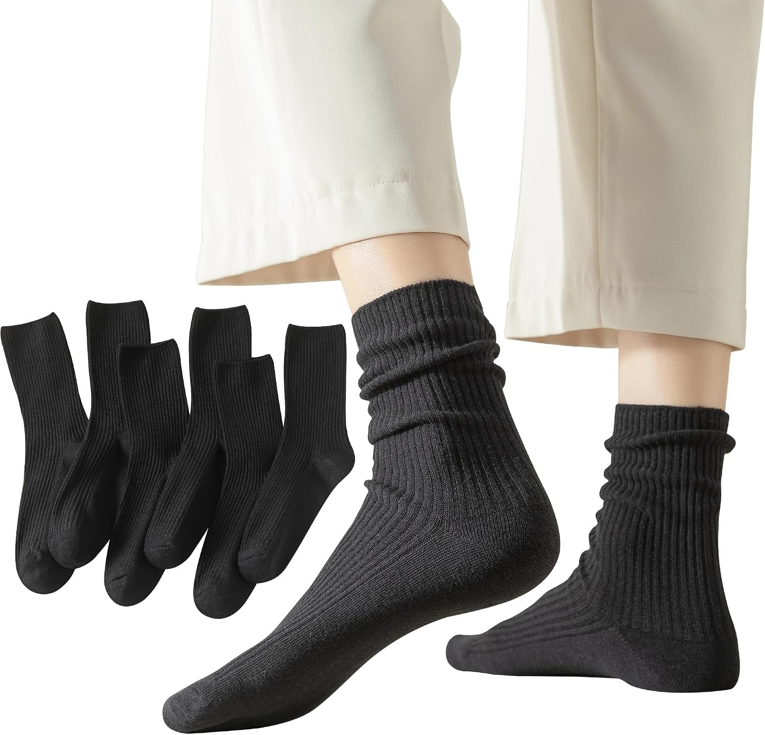 6 pares de calcetines de cuello redondo para mujer, lindos calcetines blancos de algodón casual suave