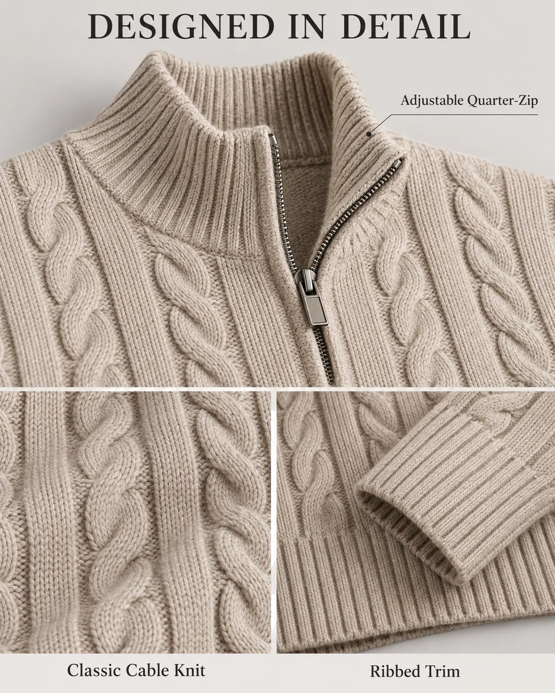 Men's Cable Knit Quarter Zip Sweater, Classic Long Sleeve Pullover with Ribbed Collar