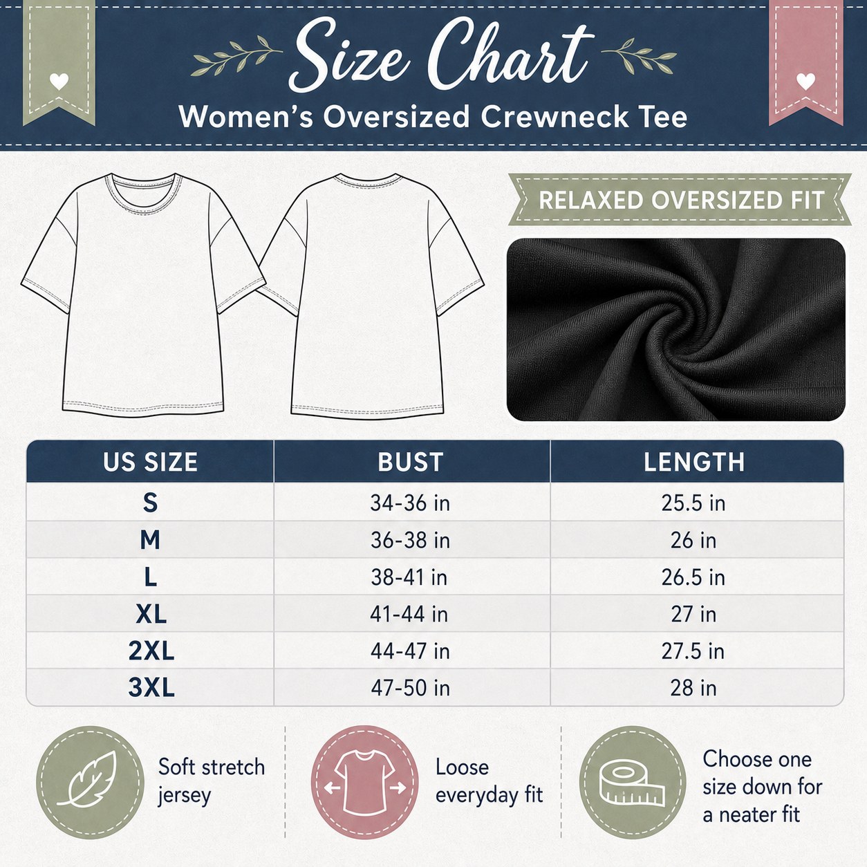 Women's oversized crewneck tee size chart