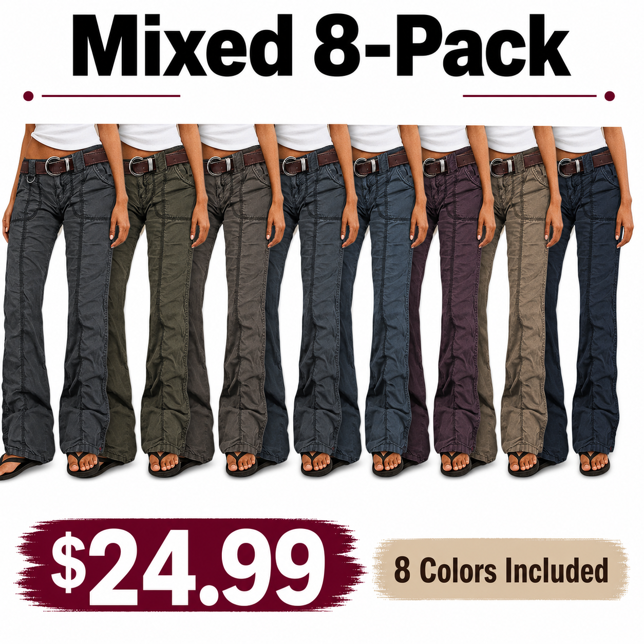 ⚡FINAL SALE⚡- 8 PACK  Women's straight-leg trousers, mid-rise, casual utility style, solid color, stitched detailing