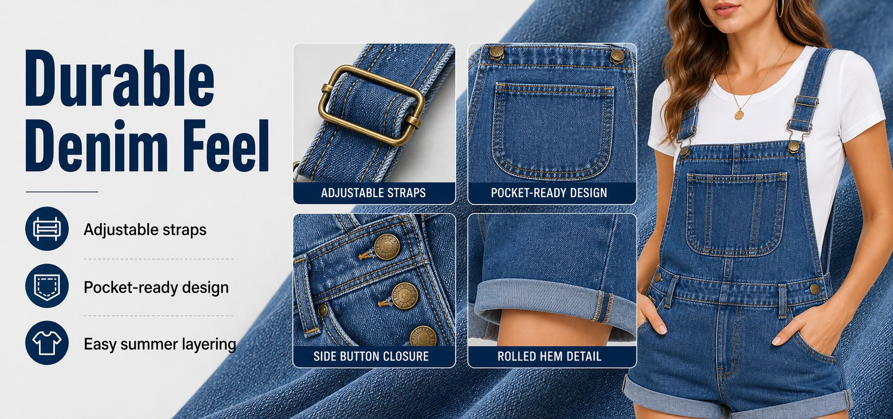 Denim overall shorts durable denim feel material and hardware