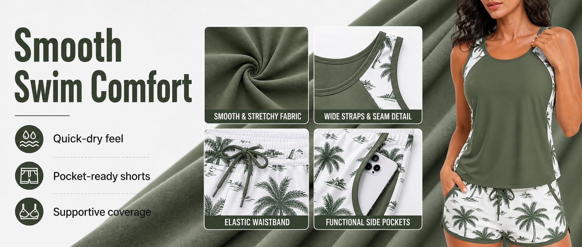 Tankini swimsuit smooth swim comfort fabric and pocket details