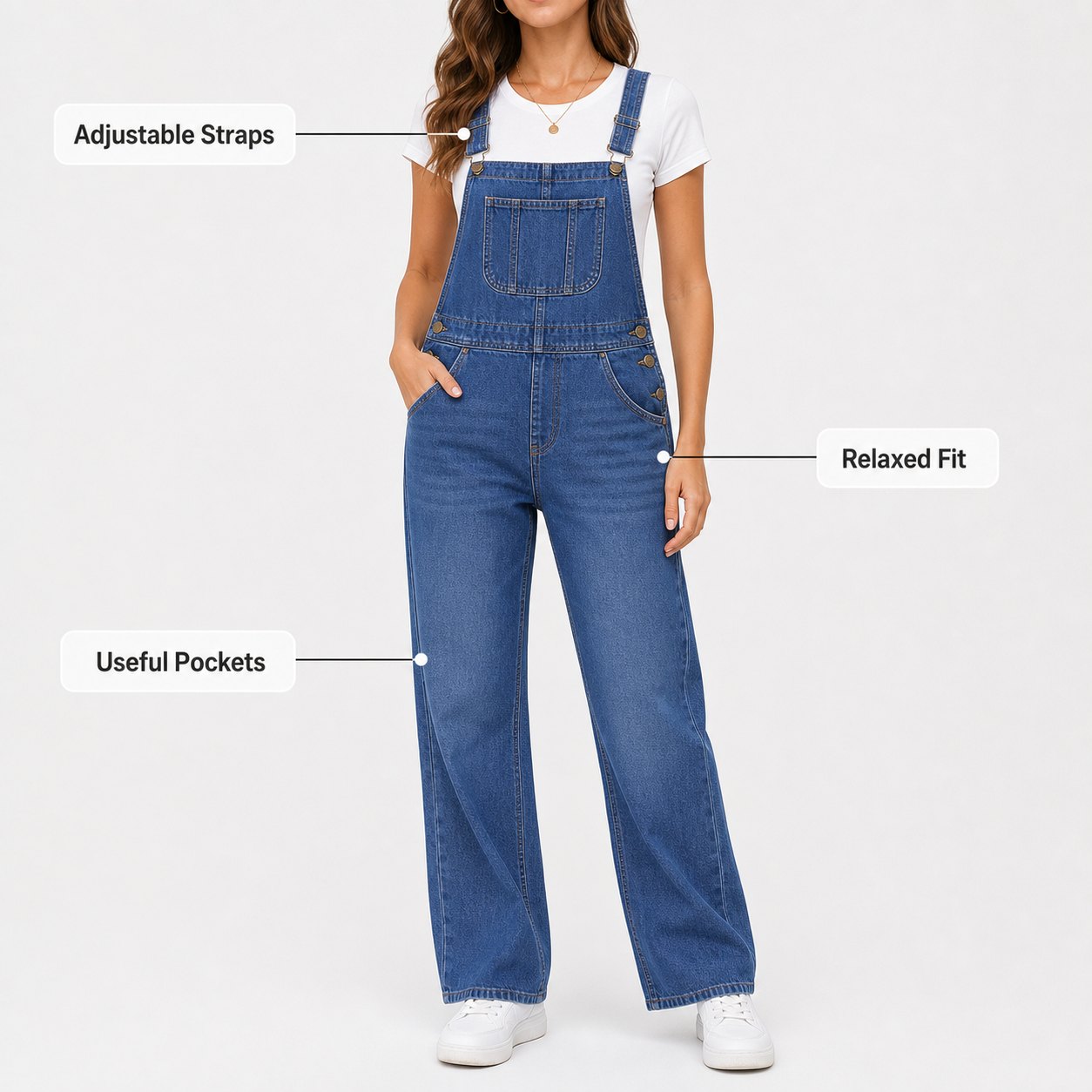 Denim overalls adjustable straps relaxed fit pockets