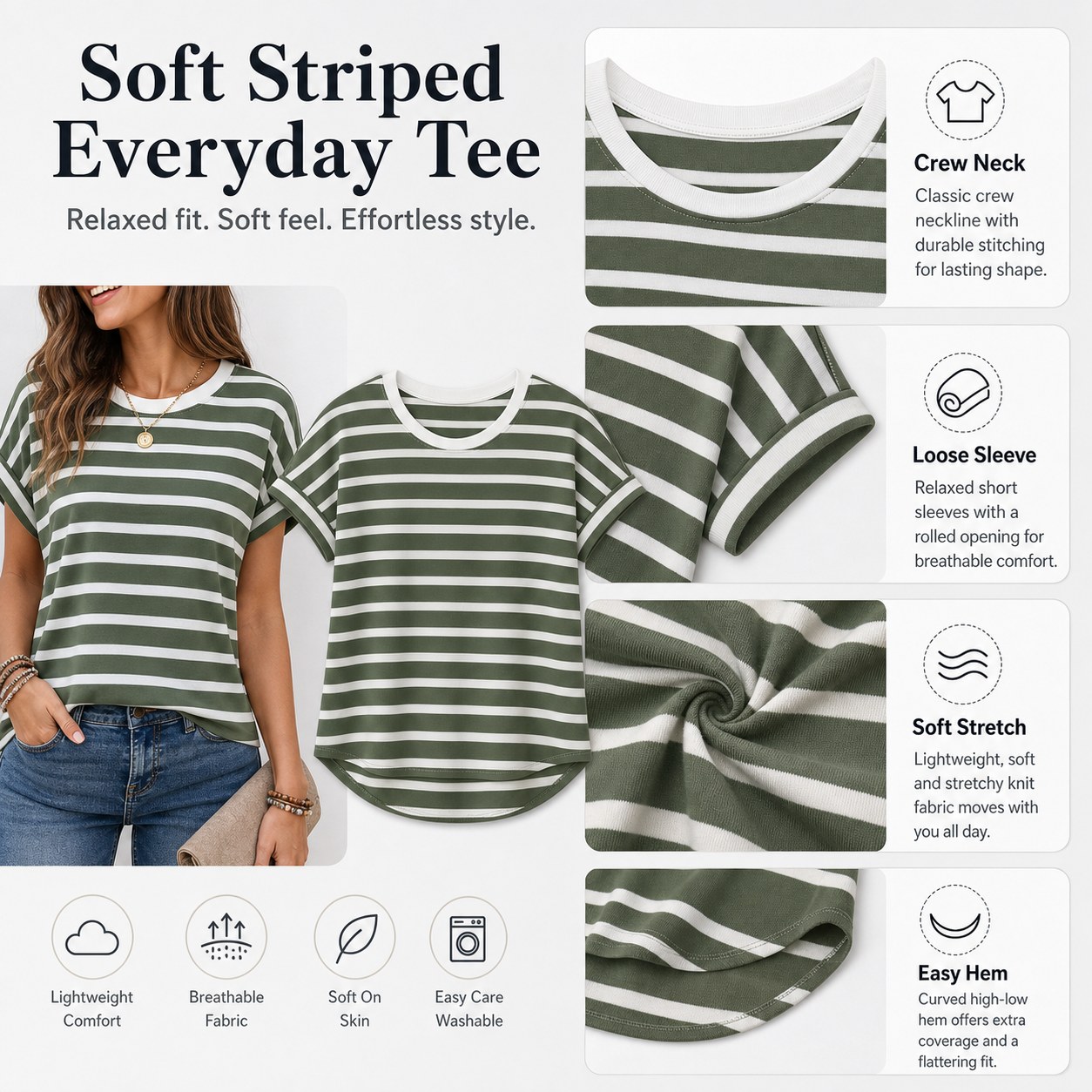 Striped tee fabric and fit details