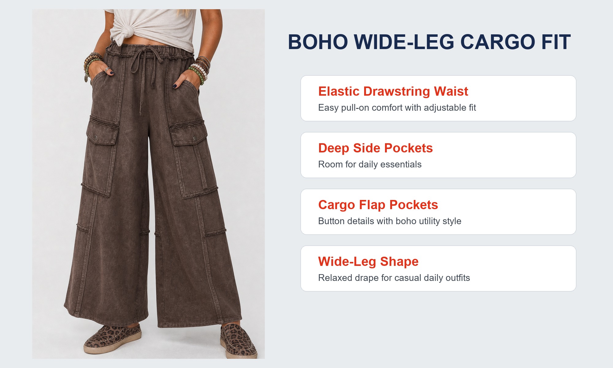 Acid-wash wide-leg cargo sweatpants model fit and feature callouts