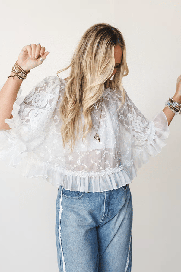 Women's Lace Sheer Top — Semi-Sheer, Draped, Openwork Shirt (Ruffled Sleeves)