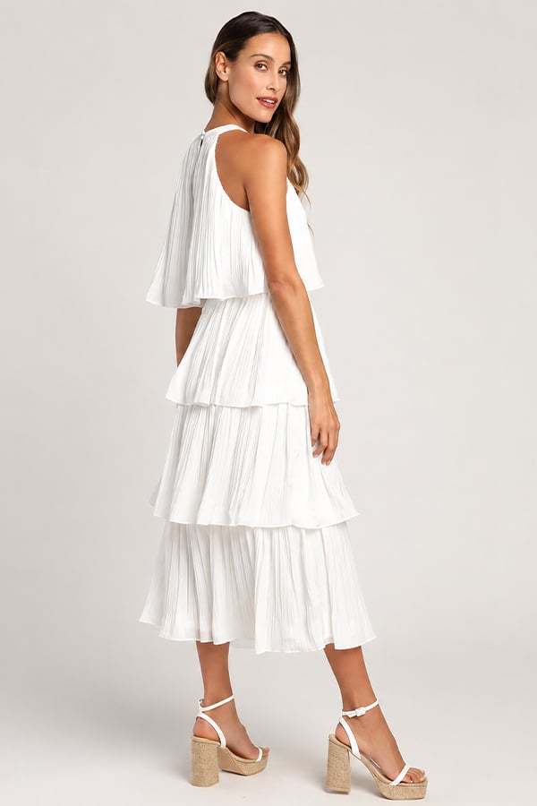 Halter Neck Tiered Pleated Midi Dress
