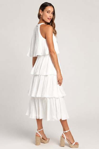 Halter Neck Tiered Pleated Midi Dress