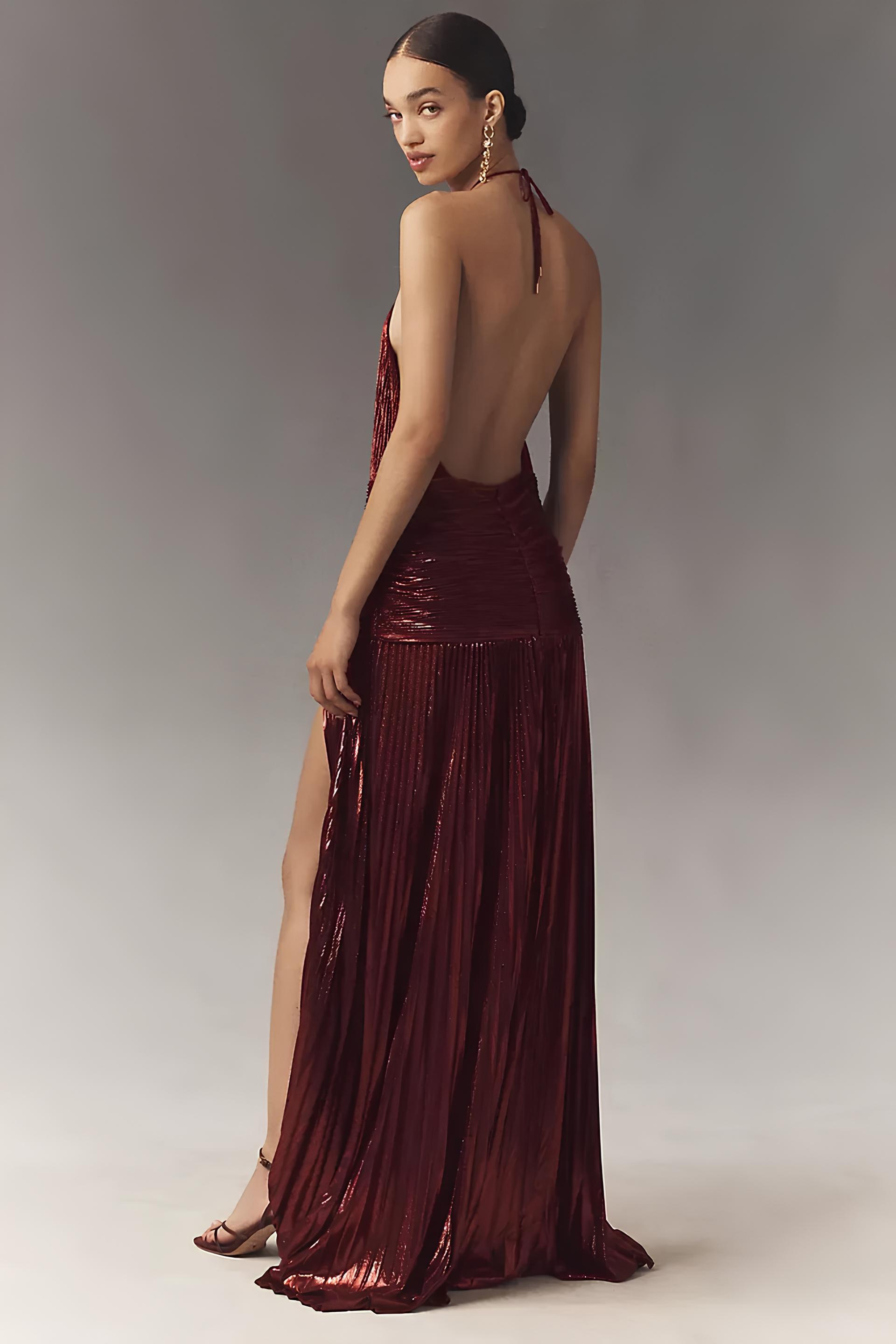 Elegant Shimmer Gold Pleated Halter Maxi Dress