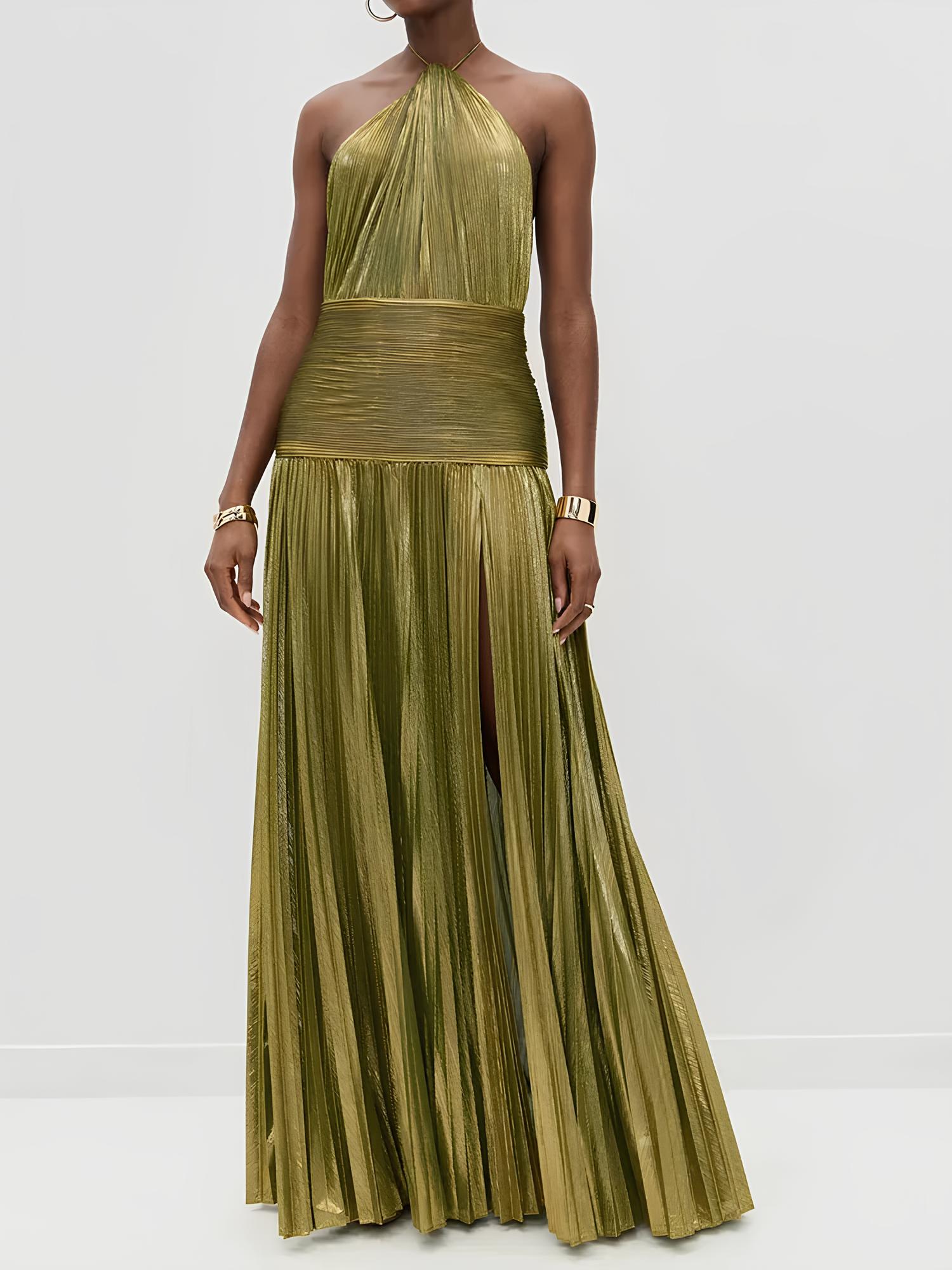 Elegant Shimmer Gold Pleated Halter Maxi Dress