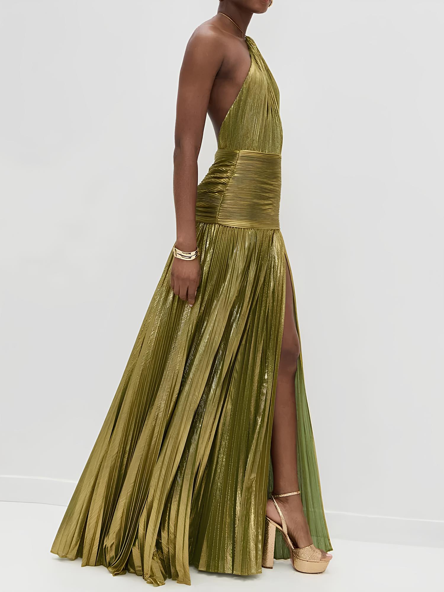 Elegant Shimmer Gold Pleated Halter Maxi Dress