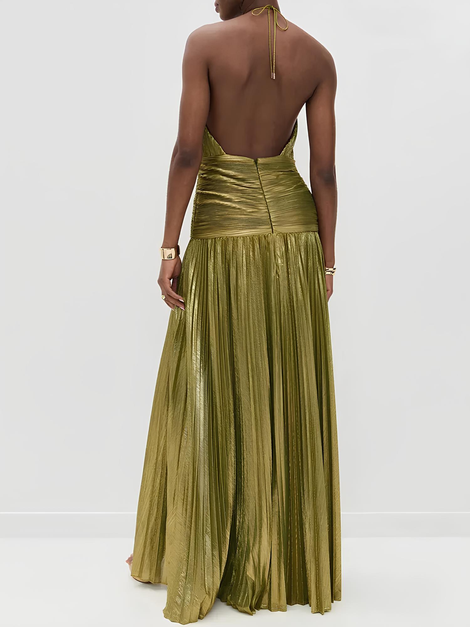Elegant Shimmer Gold Pleated Halter Maxi Dress