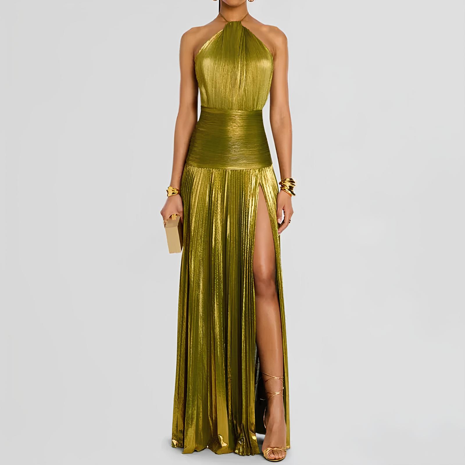 Elegant Shimmer Gold Pleated Halter Maxi Dress