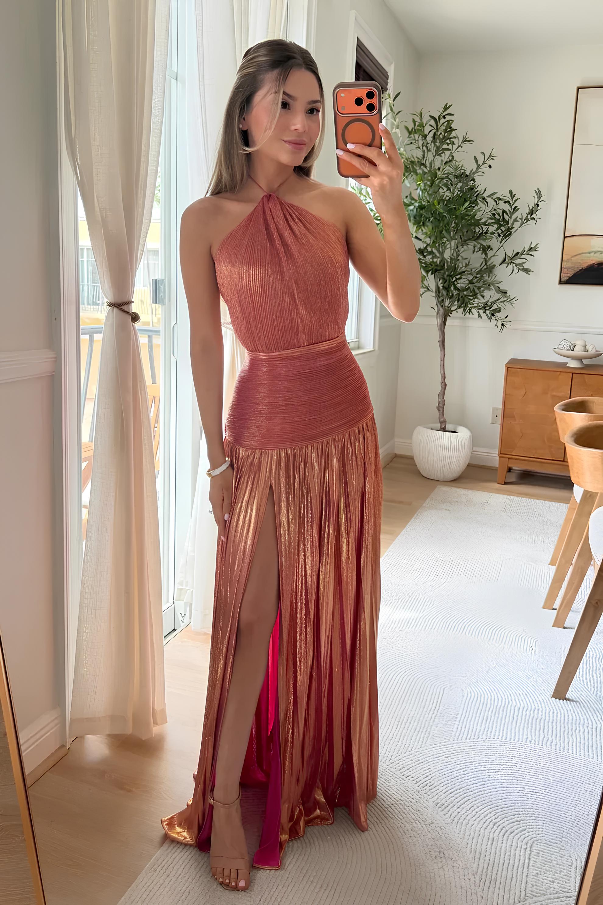 Elegant Shimmer Gold Pleated Halter Maxi Dress