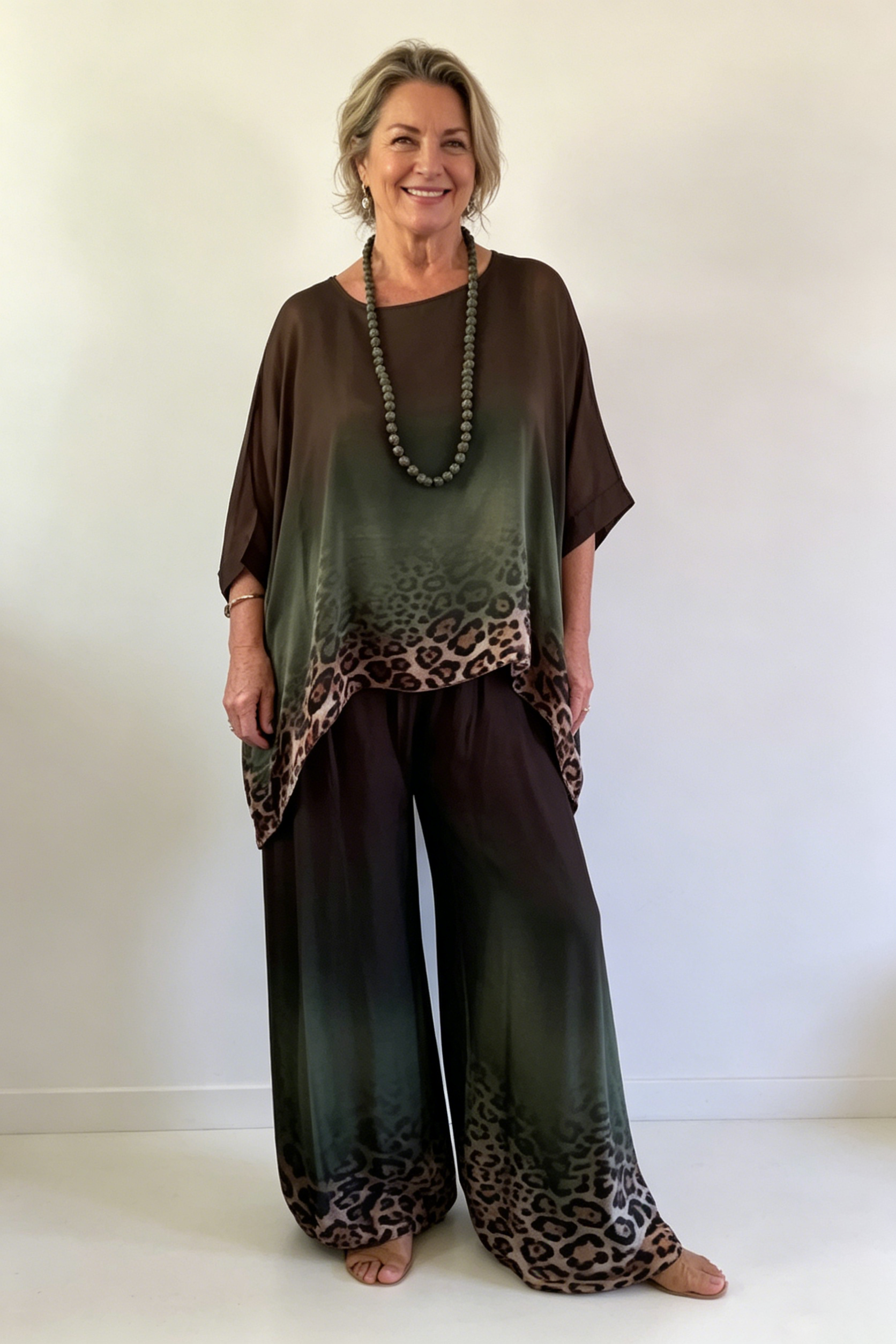 Women's Leopard Print Batwing Sleeve Silk Blend Set